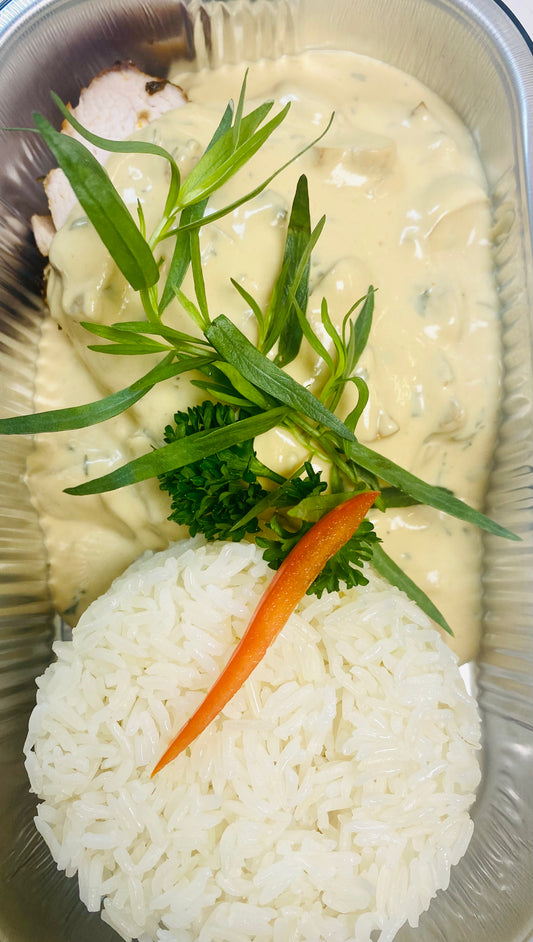 Kalkoengebraad, champignons, dragon, jasmijnrijst