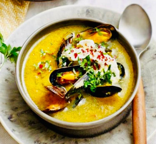 Mosselsoep met venkel, zeekraal