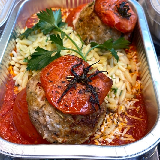 Tomates farcies, kalfsgehakt, Griekse pasta